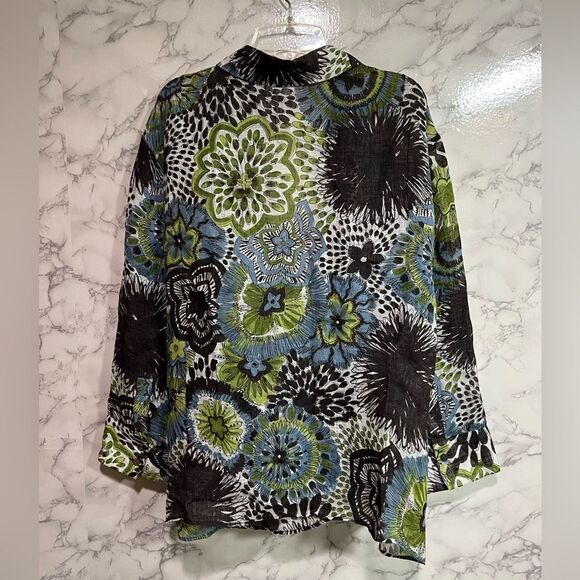 Lafayette 148 Womens Top Linen Blend Floral Print Blue Brown Front Tie Size 8 - Picture 7 of 7